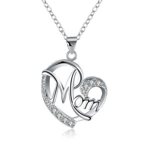 Romantic Hollowed Heart For Mom Shiny Zircon Silver Plated Pendant Necklaces