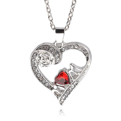 Lovely Mom Red Crystal Necklace Love Heart Rose Flower Silver Plate.