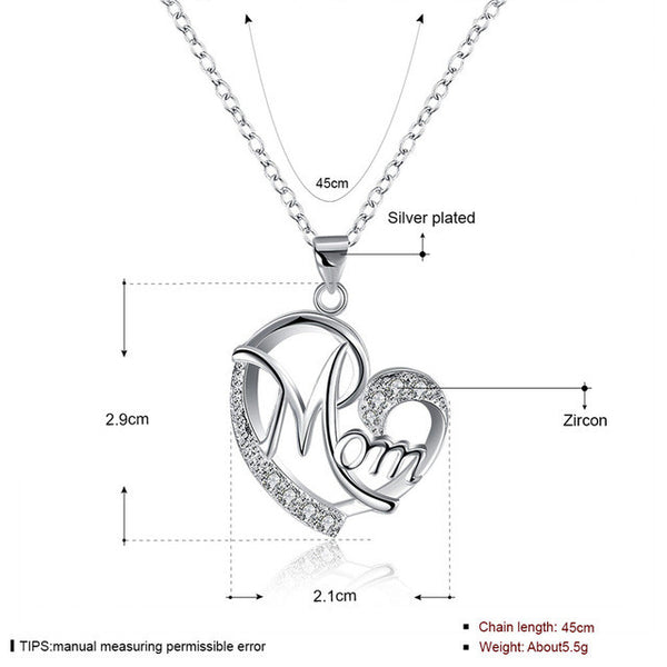 Romantic Hollowed Heart For Mom Shiny Zircon Silver Plated Pendant Necklaces